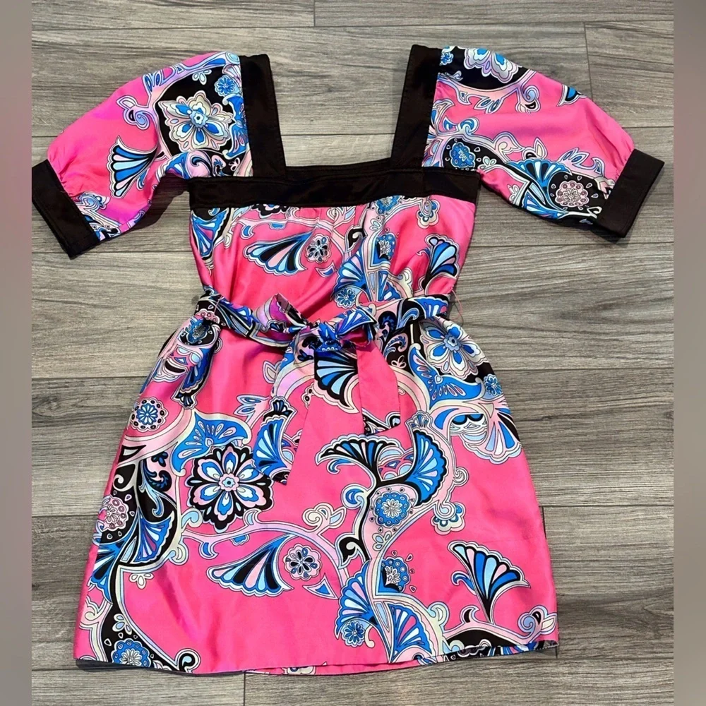 Banana Republic Pink and Blue Paisley Square Neck Dress with Tie Size Small